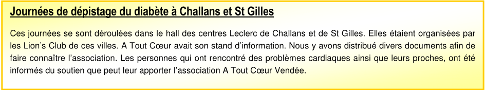 Journée de dépistage du diabète à Challans et à St Gilles